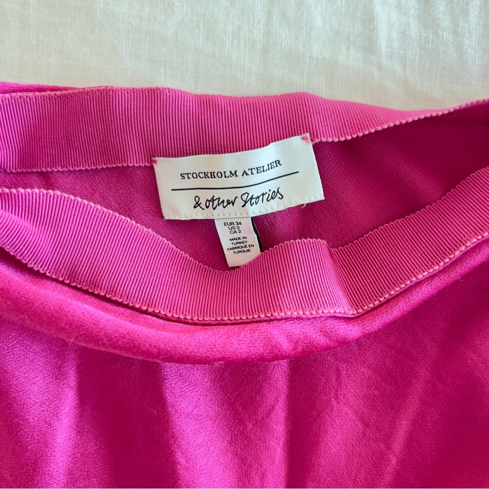 & OTHER STORIES Satin Asymmetrical Hem Midi Skirt in hot pink fuchsia - Picture 7 of 7